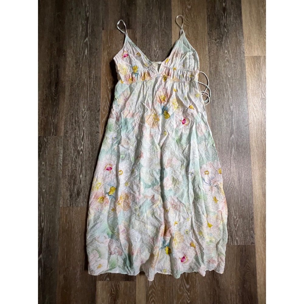 H&M Floral Dress Womens Small Pastel Watercolor Empire Waist V-Neck Midi Strappy